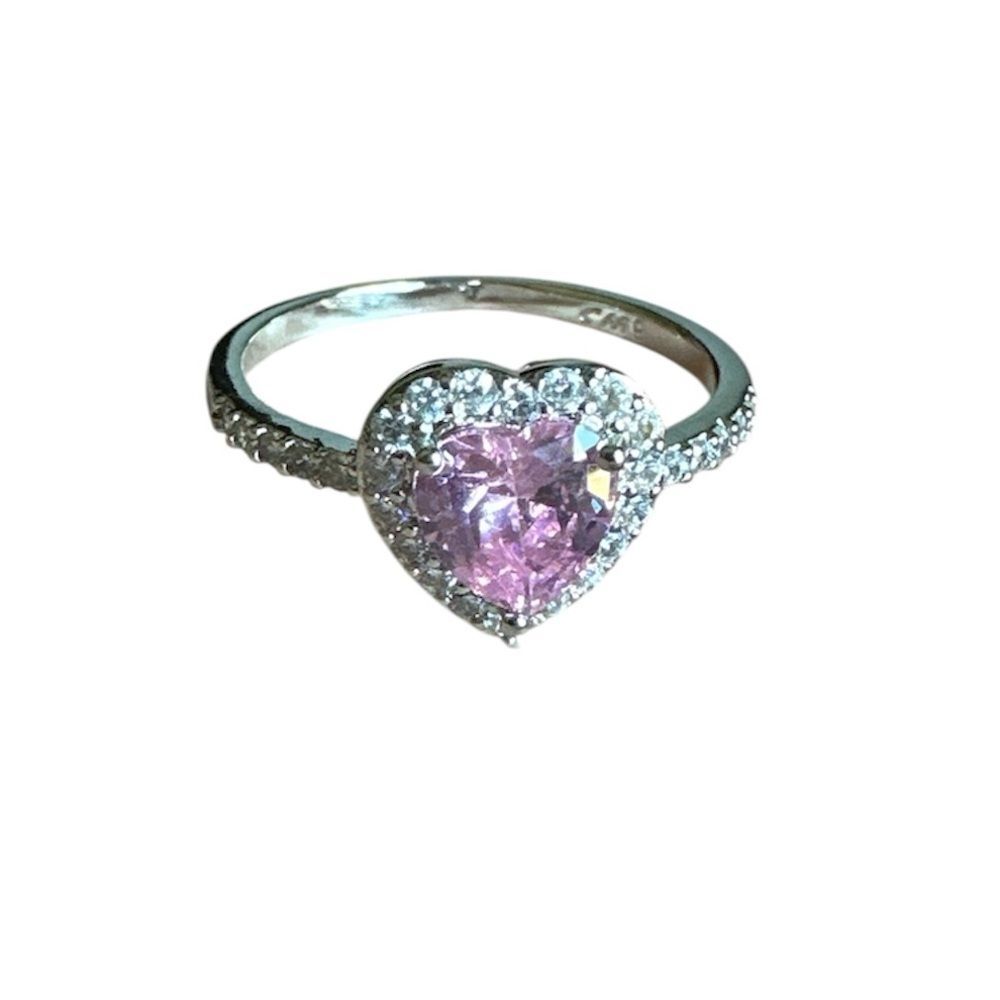 NWB White Gold Plated Heart Ring w/ Pink Cubic Zirconia & Halo Accent Size 9